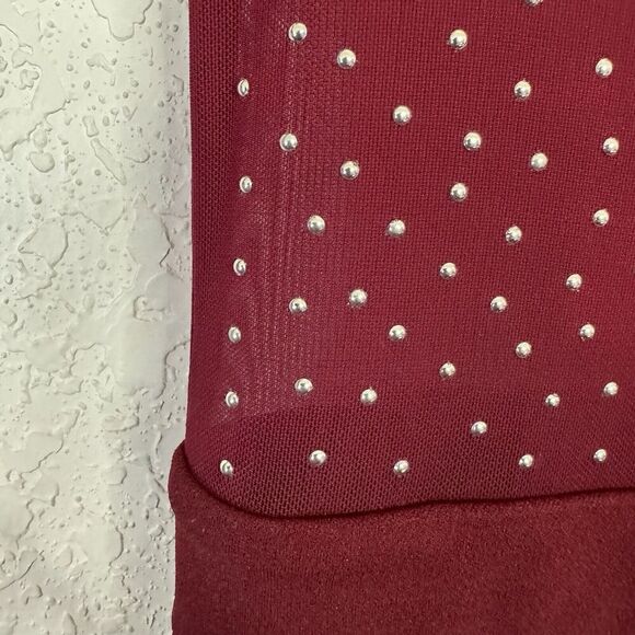 Iris Burgundy Illusion Mesh Silver Studs Bodycon Sz M‎ Hi Neck Jumpsuit NWT - Picture 12 of 14
